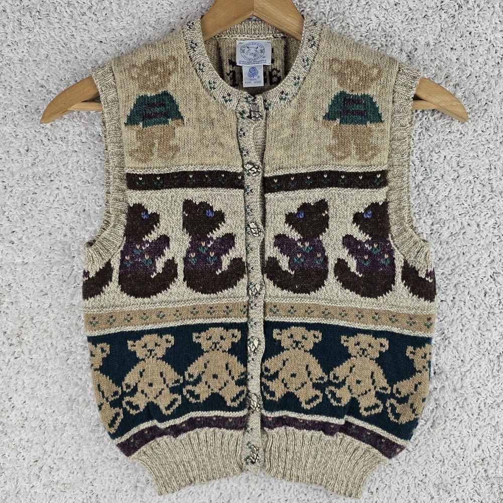 Vintage 80s Blueberry Woolens Sweater Vest Women's Small Teddybears Cottage Knit